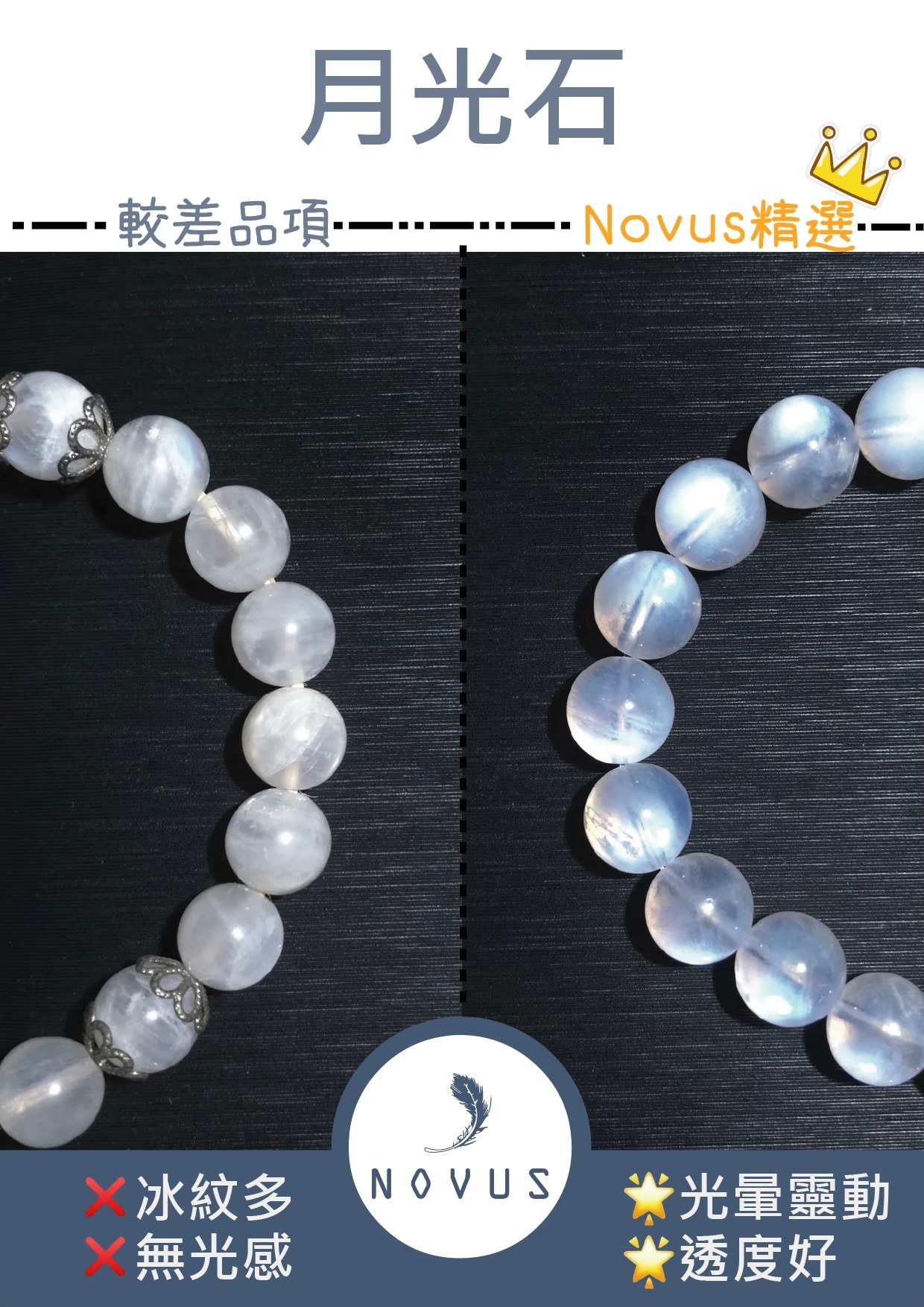 月光石的好壞對照：左邊冰紋多、無光感，右邊光暈靈動、透度好