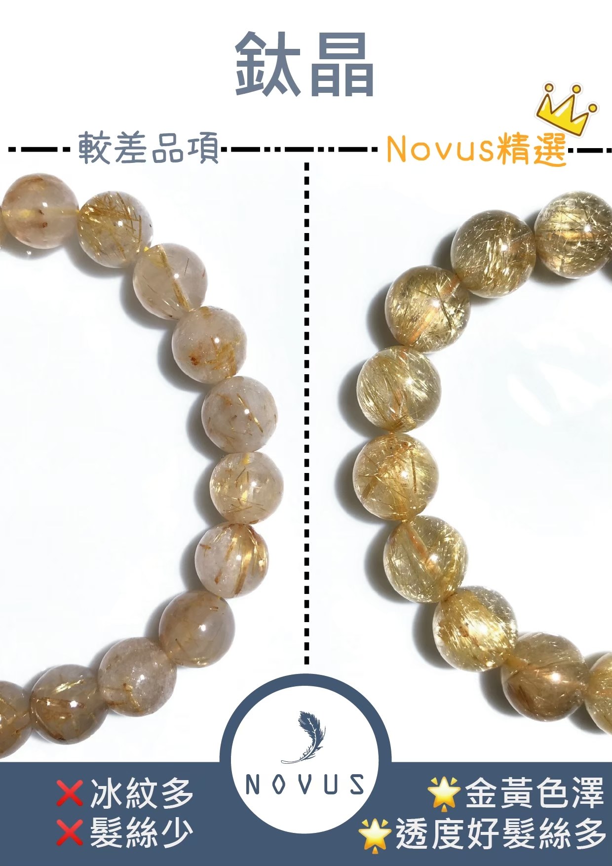 鈦晶的好壞對照：左邊冰紋多、髮絲少，右邊金黃色澤、透度好髮絲多