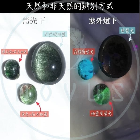 常光下與紫外燈下對照:膠晶體、染色貼片幽靈、天然綠幽靈