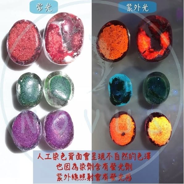 左為常光、右為紫外光:人工染色的背面呈現不自然色澤,紫外線下有明顯螢光感