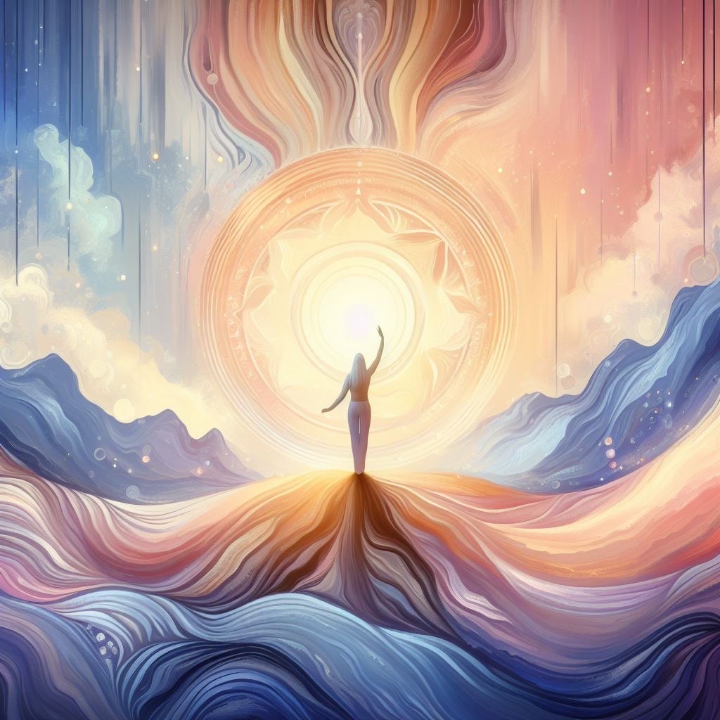 生命力的意象：一個人站在山稜線上，向著中央的光伸出手