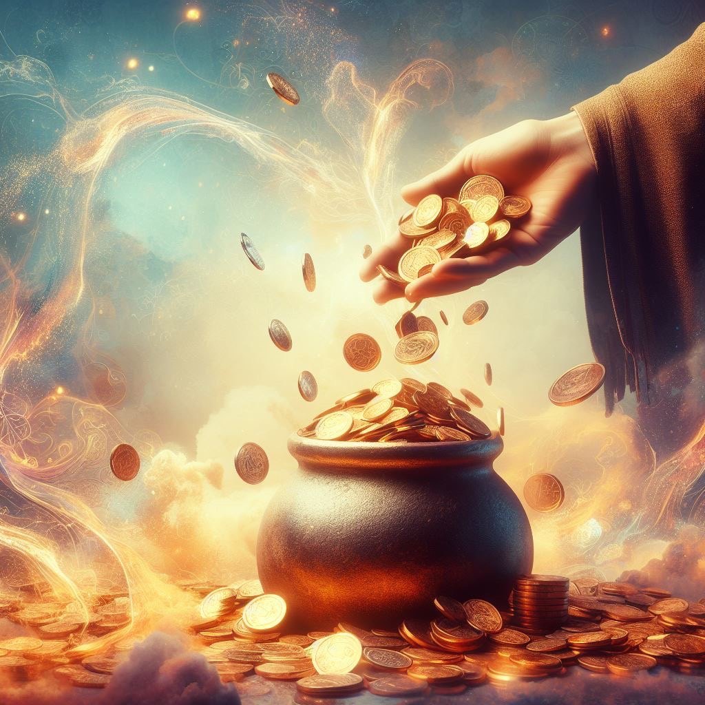 財富的意象：一隻手把金幣灑入聚寶盆，四周金光流動