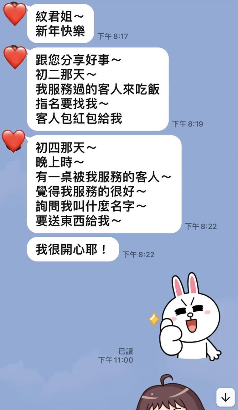 客人傳來的訊息截圖:分享過年期間被客人指名與致贈的經過